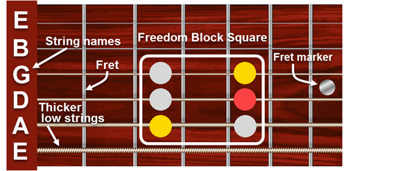 Freedom Block square on a photo of a fretboard showing that row 1 is on lower strings and rows 2 and 3 on higher strings. Shows the root or first degree of the scale on the right side of row two in the square. On the lower left is an orange corner note. Another orange corner note is on the right side of row three. Show open strings names as E, A, D, G, B, and E. Shows lower strings are thicker and illustrates frets.