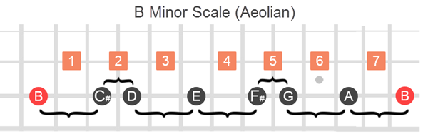 B minor scale laid out on the fretboard. The interval arrangement is hole step, half step, whole step, whole step, half step, whole steps. Intervals are whwwhww.