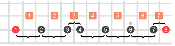 C major scale laid out on the fretboard. The intervals are labeled 1-7 and the notes of the scale are numbered 1-7 plus the octave of C which labeled 8