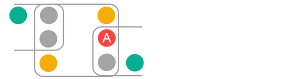 Square with root note A in second row of sqaure. Mode notes are staggered, one on each sidle of the square.